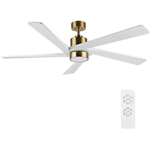 WINGBO 64 Inch DC Ceiling Fan with Lights and Remote Control, 5 Reversible Carved Wood Blades, 6-Speed Noiseless DC Motor, Modern Ceiling Fan in Brass Finish with White Blades, ETL Listed