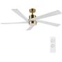 WINGBO 64 Inch DC Ceiling Fan with Lights and Remote Control, 5 Reversible Carved Wood Blades, 6-Speed Noiseless DC Motor, Modern Ceiling Fan in Brass Finish with White Blades, ETL Listed