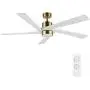 WINGBO 64 Inch DC Ceiling Fan with Lights and Remote Control, 5 Reversible Carved Wood Blades, 6-Speed Noiseless DC Motor, Modern Ceiling Fan in Brass Finish with White Blades, ETL Listed