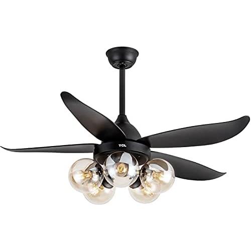 TCL 48 Inch Modern Ceiling Fan with Lights and Remote Control, Classic Ceiling Fans with 5 glass lampshades for LED Edison Bulb, 5 Blades Noiseless Reversible Motor,6-speed,Timer(bulb not included)