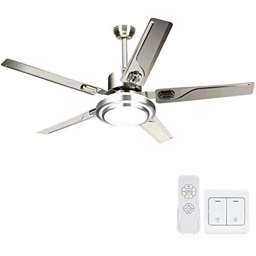 LEDMO Stainless Steel Ceiling Fans with Lights Kits 2 Control Methods with Remote Wall Controller Modern 3 Color Lights 48inch 5 Blades for Kitchen Bedroom Living Dinning Room