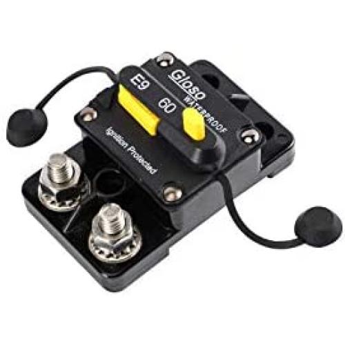 GLOSO E9C 60A Waterproof Auto Rese Breaker For Car Truck RV Automotive Marine Boat Trolling motor & Custom Wiring Audio battery protection Side by Side Stud IP67 Hi-Amp Circuit Breaker (60A)