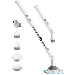 LyriFine Electric Spin Scrubber, Electric Cleaning Brushes with Extendable Handle and 4 Replaceable Brush Heads, Electric Scrubber with 1.5 Hrs Long Worktime for Shower Bathroom Tub Tile Floor,White