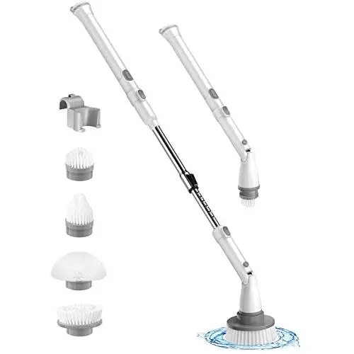 LyriFine Electric Spin Scrubber, Electric Cleaning Brushes with Extendable Handle and 4 Replaceable Brush Heads, Electric Scrubber with 1.5 Hrs Long Worktime for Shower Bathroom Tub Tile Floor,White