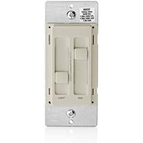 Leviton 66DF-10T SureSlide Dual Quiet Control for 150W LED, 300W Incandescent/Halogen, 1.5 Amp Fan, 120V, Light Almond