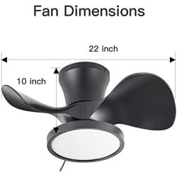 ocioc Quiet Ceiling Fan with LED Light 22 inch Large Air Volume Remote Control Black for Kitchen Bedroom Dining room Patio