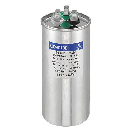 AUCHOICE 60/5 uF 60+5 MFD 370V or 440V 50/60hz Dual Run Start Round A/C Capacitors 60 5 uF 370 440 Volt VAC Capacitor for AC Fan Motor Start or Heat Pump Air Conditioner or Condenser Straight Cool