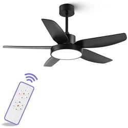 46 Inch Black Ceiling Fans with Lights and Remote Downrod Low Profile Matte Black Ceiling Fan Bedroom Living Room Kitchen with 3 Light Color 6 Speed Timer Function Remote Control and Reversible Motor