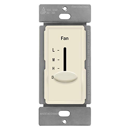ENERLITES 3 Speed in-Wall Ceiling Fan Control, Slide Switch, 120VAC, 2.5A, Single-Pole, No Neutral Wire Required, 17000-F3-LA-F, Light Almond