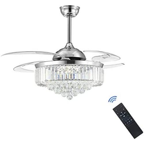48 Inches Reverse Dimmable Fandelier Crystal Ceiling Fans with Light, Siljoy Modern Invisible Retractable Chandelier Fan LED Ceiling Fan for Bedroom Living Dining Room, Polished Chrome