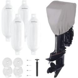 GOODSMANN Outboard Boat Motor Cover Fits Boat Motor 25-40 HP 600D Heavy Duty Water Resistant with Boat Fender Inflatable Marine Boat Bumpers Kit with 4 Pack with 4 Ropes, 1 Hand Pump, 4 Inflating Need