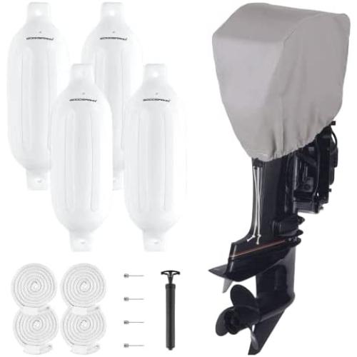 GOODSMANN Outboard Boat Motor Cover Fits Boat Motor 25-40 HP 600D Heavy Duty Water Resistant with Boat Fender Inflatable Marine Boat Bumpers Kit with 4 Pack with 4 Ropes, 1 Hand Pump, 4 Inflating Need