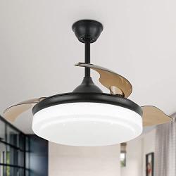 42 Inch Retractable Ceiling Fan,Ceiling Fan Retractable Blades,Reversible DC Motor 6 Speed,3 Light Color,Timing Option,3 Hidden Blades,Natural Wind Mode,Retractable Fan Ceiling Light Black