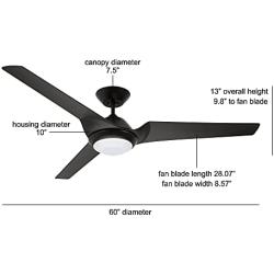 Noble Home 60 Inch Large Ceiling Fan with Light and Wall Control | Dimmable LED Fixture with 6 Speed DC Motor | Modern 3 Blade Propeller Design | Downrod Included for Overhead Hanging, Black