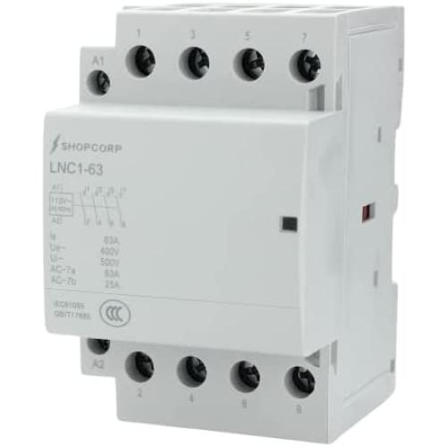 Shopcorp 50 Amp 4 Pole Normally Open IEC 400V Contactor (Silent Operation) – 110/120VAC Coil, Motor Load 40A and Lighting Load 63A with Mounting Base for DIN Rail