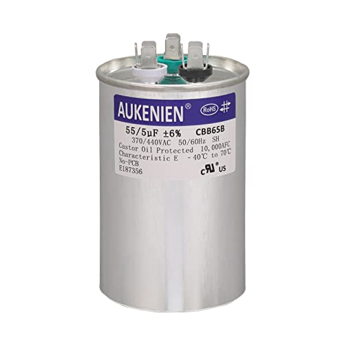 AUKENIEN 55+5 uF 55/5 MFD 370V or 440V Dual Run Start Round AC Capacitor 55 5 uF 370 440 VAC CBB65B Air Conditioner Capacitors for Motor Fan Start or Heat Pump or Condenser Straight Cool