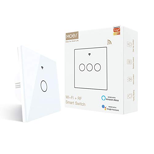 Moes WiFi Smart Light Switch with Multi-Control（2/3 Way) for European Electrical Box, Relay Status Optional, Backlight On/Off, Compatible with Smart Life/Tuya App, Alexa and Google Home, 1 Gang White