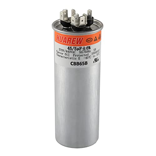 HUAREW 45 5 Capacitor 45+5 uF MFD 370/440 VAC CBB65 Dual Run Start Round Capacitor for Condenser Straight Cool or Heat Pump Air Conditioner or AC Motor and Fan Starting
