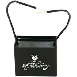 Appli Parts Fan Capacitor 10 mfd (microfarads) uf 250 VAC with 2 Wire Terminal Connections compatible with any brand with same capacitance 1-7/8in Width 1in depth 1-1/2in Height CAP-10-250-2C