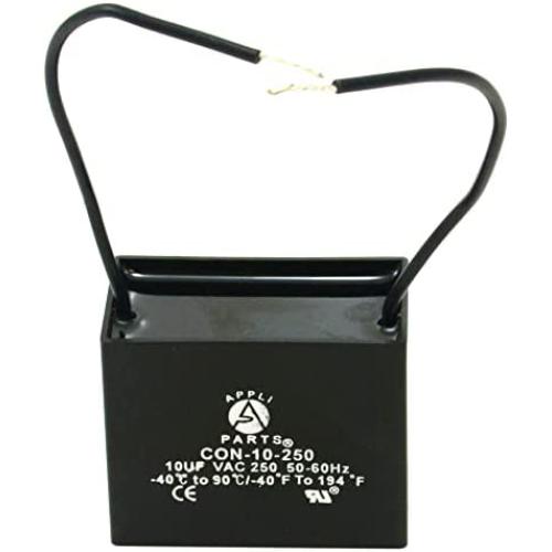 Appli Parts Fan Capacitor 10 mfd (microfarads) uf 250 VAC with 2 Wire Terminal Connections compatible with any brand with same capacitance 1-7/8in Width 1in depth 1-1/2in Height CAP-10-250-2C