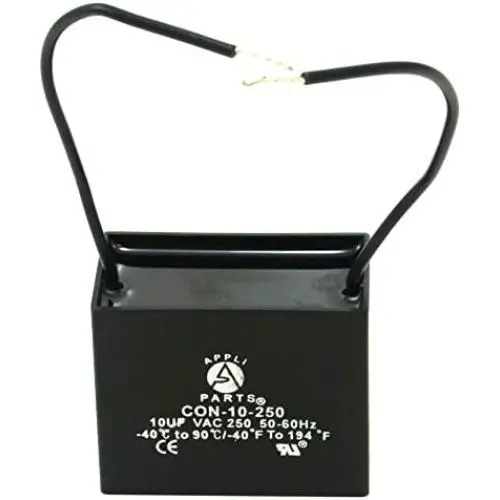 Appli Parts Fan Capacitor 10 mfd (microfarads) uf 250 VAC with 2 Wire Terminal Connections compatible with any brand with same capacitance 1-7/8in Width 1in depth 1-1/2in Height CAP-10-250-2C