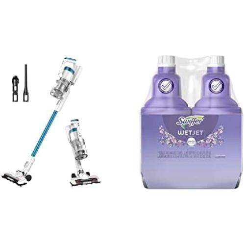 Eureka RapidClean Pro Lightweight Cordless Vacuum Cleaner, White & Swiffer WetJet Multi-Purpose Floor Cleaner Solution with Febreze Refill, Lavender Vanilla and Comfort Scent, 1.25 Liter (Pack of 2)