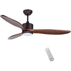 Ovlaim 52 Inch Walnut Wood DC Motor Ceiling Fan with Light, Dimmable LED Lighting & Large Propeller 6 Speed Quiet Ceiling Fan with Remote Control 3 Blades for Outdoor Patio, Brown