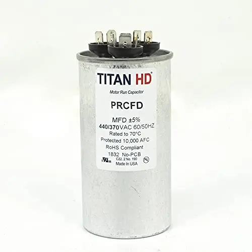 Titan Hd Round Motor Dual Run Capacitor, 45/5 Microfarad Rating, 370-440VAC Voltage - PRCFD455A