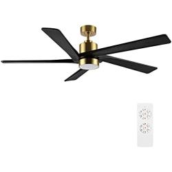 WINGBO 54 Inch DC Ceiling Fan with Lights and Remote Control, 5 Reversible Carved Wood Blades, 6-Speed Noiseless DC Motor, Modern Ceiling Fan in Brass Finish with Black Blades, ETL Listed