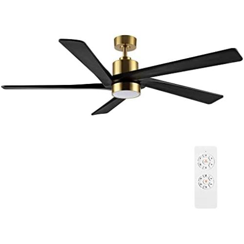 WINGBO 54 Inch DC Ceiling Fan with Lights and Remote Control, 5 Reversible Carved Wood Blades, 6-Speed Noiseless DC Motor, Modern Ceiling Fan in Brass Finish with Black Blades, ETL Listed
