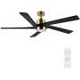 WINGBO 54 Inch DC Ceiling Fan with Lights and Remote Control, 5 Reversible Carved Wood Blades, 6-Speed Noiseless DC Motor, Modern Ceiling Fan in Brass Finish with Black Blades, ETL Listed