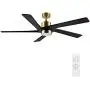 WINGBO 64 Inch DC Ceiling Fan with Lights and Remote Control, 5 Reversible Carved Wood Blades, 6-Speed Noiseless DC Motor, Modern Ceiling Fan in Brass Finish with Balck Blades, ETL Listed