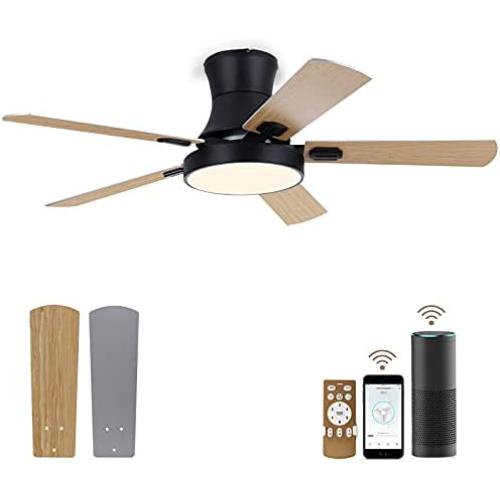 AvatarControls Smart 50 inch Ceiling Fans Indoor with Light Remote Works with Alexa Google Voice, APP and Remote Control for Bedroom, 6 Speeds Reversible DC Motor, 1800LM LED Kit, 5 Wooden Blades
