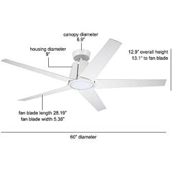 Noble Home Large LED Ceiling Fan with Light, 60 Inch | Dimmable Indoor/Outdoor Fixture with 6 Speed DC Motor | Contemporary 5 Blade Design with Downrod Mount, White