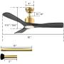 52 Inch Outdoor Indoor Quiet DC Motor Ceiling Fan with Light and Remote Control, Large 3 Blades Smart Ceiling Fan for Living Room Bedroom, Black Gold