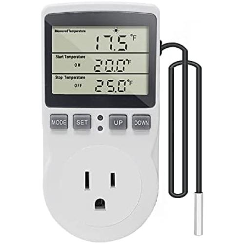 KETOTEK Digital Thermostat Outlet Plug Temperature Controller Outlet Socket 120V Heating Cooling Control 110V 15A Celsius/Fahrenheit Display