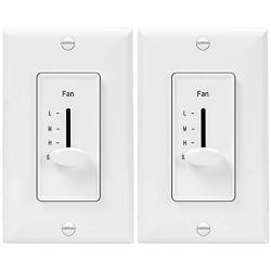 ENERLITES 3 Speed Decora in Wall Ceiling Fan Control, Slide Switch, 120VAC, 2.5A, Single-Pole, Neutral Wire NOT Required, 17000-F3-W2P, White, 2 Pack