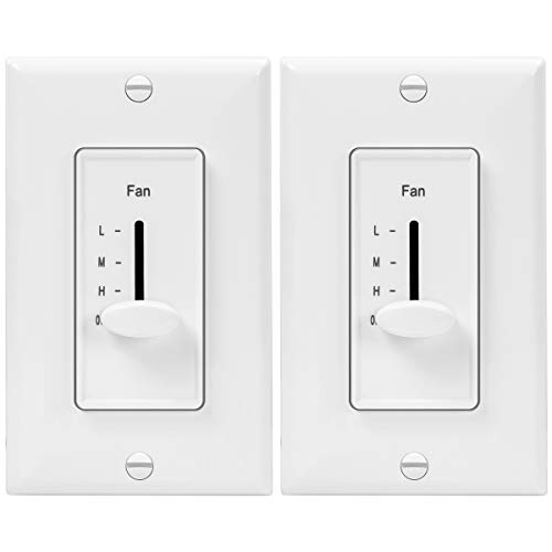ENERLITES 3 Speed Decora in Wall Ceiling Fan Control, Slide Switch, 120VAC, 2.5A, Single-Pole, Neutral Wire NOT Required, 17000-F3-W2P, White, 2 Pack
