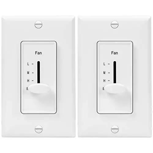 ENERLITES 3 Speed Decora in Wall Ceiling Fan Control, Slide Switch, 120VAC, 2.5A, Single-Pole, Neutral Wire NOT Required, 17000-F3-W2P, White, 2 Pack