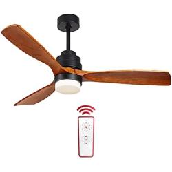 ALUOCYI Outdoor Wood Ceiling Fan with Lights and Remote, 52 inch, 3 Solid Wood Blades,Noiseless Reversible DC Motor Low profile Ceiling fans for Living room, Bedroom, kitchen, Patio, F3601, Brown