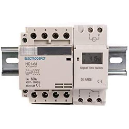 Electrodepot 40 Amp 4 Pole Normally Open 110-120VAC Coil (Silent Operation) Motor Load 40A and Lighting Load 63A Contactor Bundle with 24-7 Electronic Programmable Timer and DIN Rail 35 x 150 mm