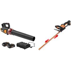 WORX WG584 40V Power Share Turbine Cordless Leaf Blower with Brushless Motor (2x20V Batteries) & WG261 20V Power Share 22-Inch Cordless Hedge Trimmer, Battery and Charger Included, Black and Orange