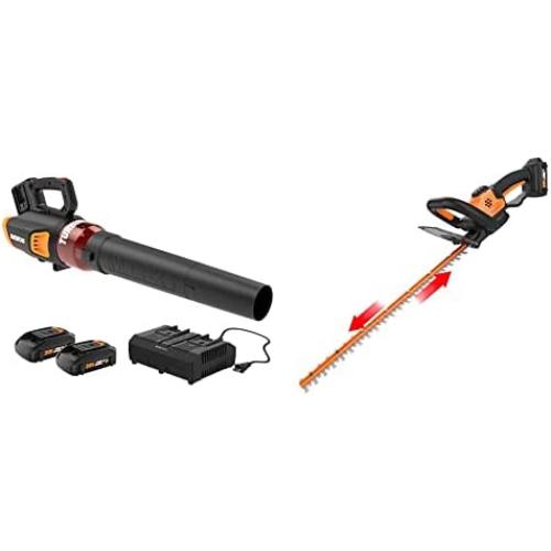 WORX WG584 40V Power Share Turbine Cordless Leaf Blower with Brushless Motor (2x20V Batteries) & WG261 20V Power Share 22-Inch Cordless Hedge Trimmer, Battery and Charger Included, Black and Orange