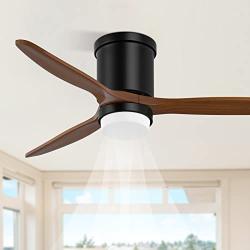 CLUGOJ Low Profile Ceiling Fan Flush Mount Ceiling Fan with Lights Remote Control 52 Outdoor Ceiling Fan 3 Reversible Walnut Wood Blades Noiseless DC Motor