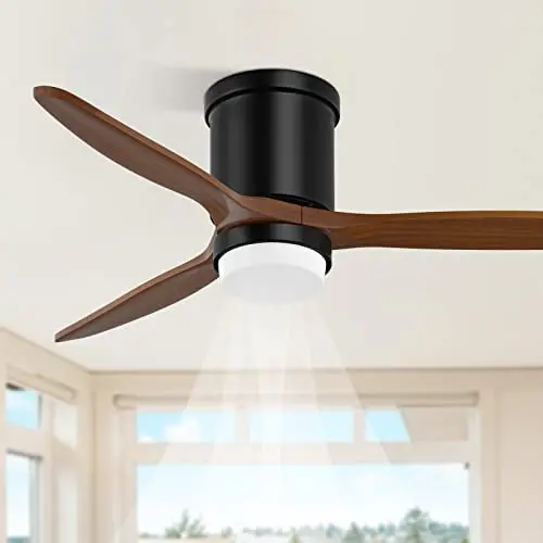 CLUGOJ Low Profile Ceiling Fan Flush Mount Ceiling Fan with Lights Remote Control 52 Outdoor Ceiling Fan 3 Reversible Walnut Wood Blades Noiseless DC Motor
