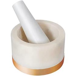 Divit Shilp Mortar and Pestle, Made of Heavy Duty Polished Hard Stone, Natural Stone Grinder for Spices, Pastes, Herbs, Seasoning etc. (Marble with Brass Base)