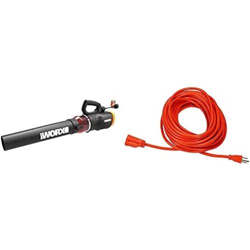 WORX WG520 Turbine 600 Corded Electric Leaf Blower, Black & Amazon Basics 16/3 Vinyl Outdoor Extension Cord, Orange, 50-Feet