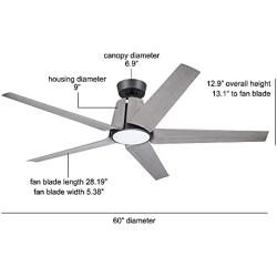 Noble Home Large LED Ceiling Fan with Light, 60 Inch | Dimmable Indoor/Outdoor Fixture with 6 Speed DC Motor | Contemporary 5 Blade Design with Downrod Mount, Graphite