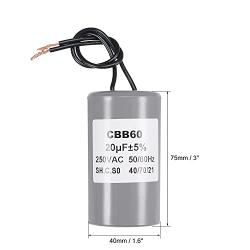 CBB60 Run Capacitor,75x40mm Cylinder for Air Compressor Water Pump Motor, 20uF 250V AC 2 Wires 50/60Hz, 1pcs