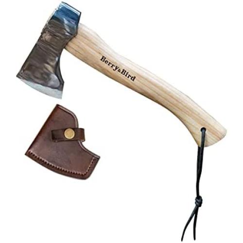 Berry&Bird Wood Choopping Axe, 12.5Camping Hatchets with Leather Sheath Small Splitting Axes for Cutting and Kindling Forged Carbon Steel Blade Outdoor Camping Hand Maul Tool